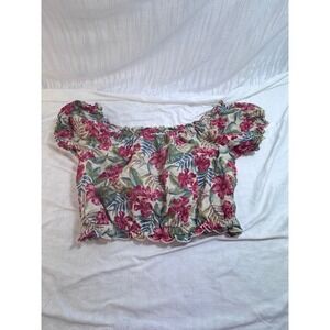 American Eagle Floral Crop Top XS Pink Red Hibiscus Linen Blend Off Shoulder